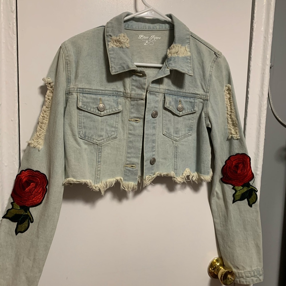 Cropped Denim Rose Sleeve Jacket